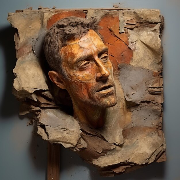 Photo layered textural clay sculpture portrait of a man with plaster face