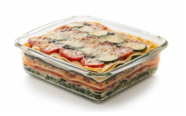Photo layered vegetable lasagna in baking dish on white background