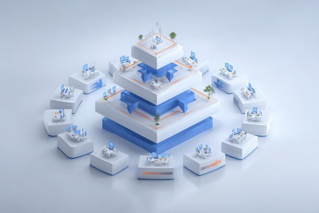 Layered workspace with multiple sections arranged in a circular layout Each level includes desks computers and plants promoting a collaborative and efficient working environment