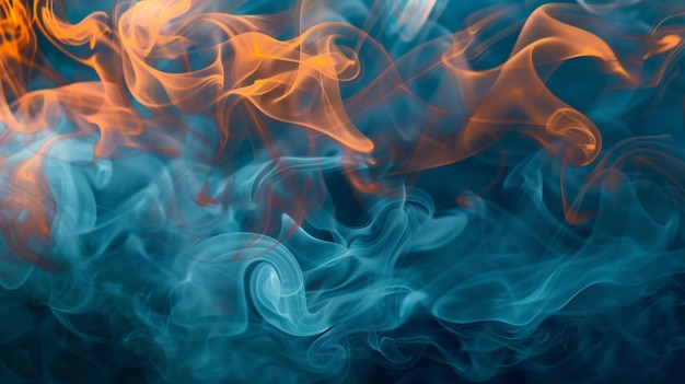 Layers of blue and orange smoke intertwine to create an abstract fluid formation evoking the dynamic and ethereal nature of elements and the beauty of chemical reactions