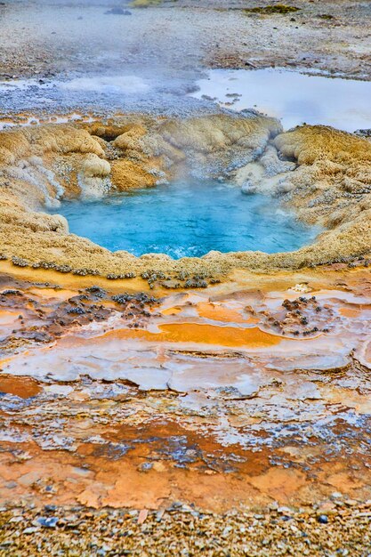 イエローストーン盆地の深い青色の間欠泉の周りの色の層