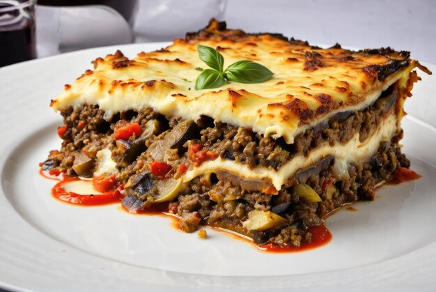 Photo layers of eggplant minced meat often beef or lamb