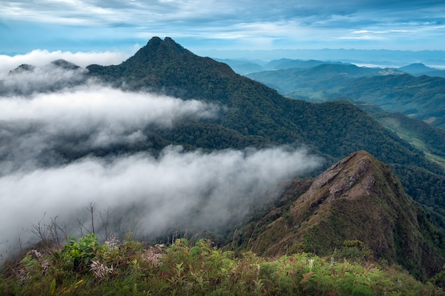 Layers of mountains and fog at sunrise at  Khun Yuam, Thailand