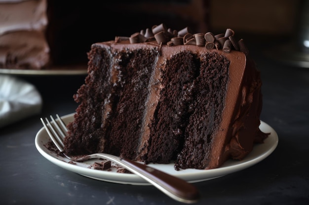 Photo layers of rich chocolate cake drenched in thick fudge frosting created with generative ai