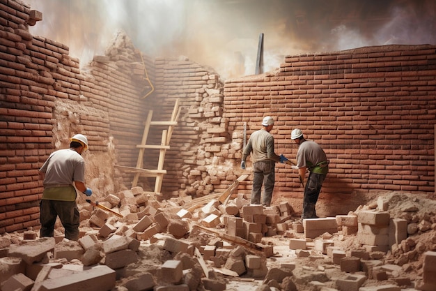 Laying bricks by workers