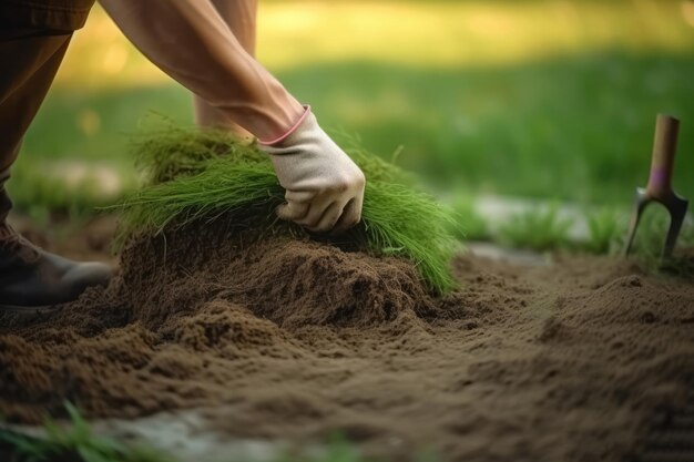 Laying grass sods at backyard detail construction border texture in plant flora generate ai