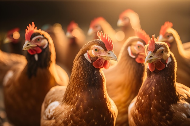 Laying hens on blurry poultry farm background the concept of a natural poultry farm