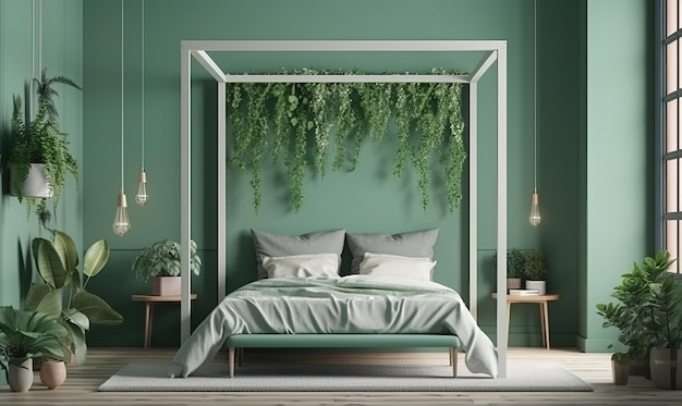 Layout of the bedroom interior in boho style with green plants on the background of an empty green wall mockup generative AI