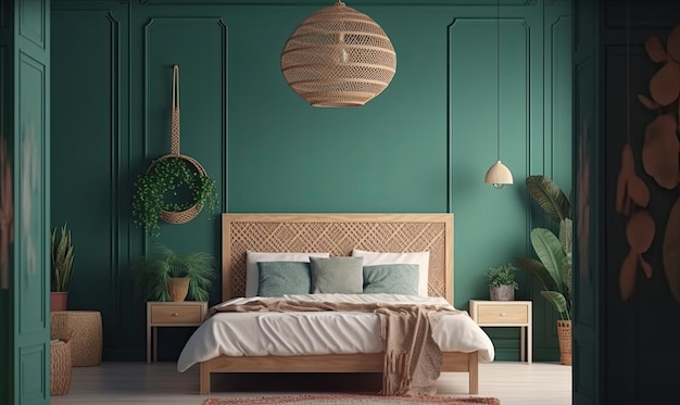 Layout of the bedroom interior in boho style with green plants on the background of an empty green wall mockup generative AI