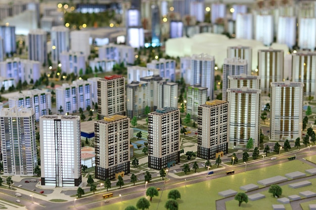 Макет города, вид сверху, миниатюра городских высотных зданий