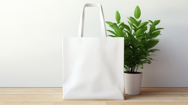 Layout for the design of a simple white canvas shopping bag with green plant leaves