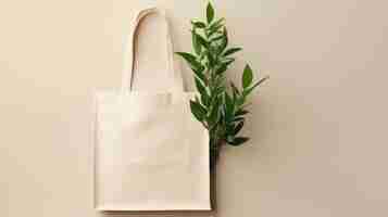Photo layout for the design of a simple white canvas shopping bag with green plant leaves