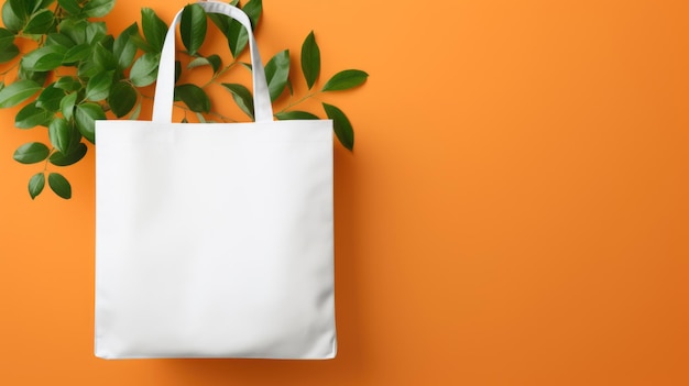 Photo layout for the design of a white shopping bag with green plant leaves on an orange background