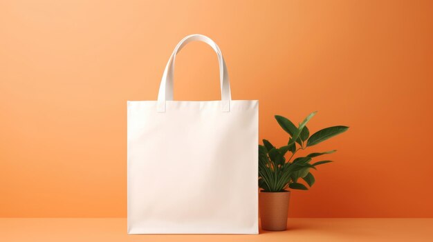 Photo layout for the design of a white shopping bag with green plant leaves on an orange background