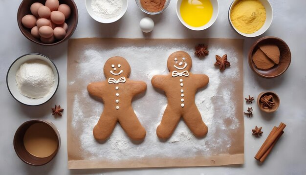 Layout of ingredients for making a gingerbread man New Years pastries on the kitchen table Kitchen process dough flour