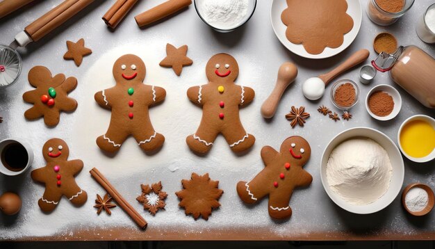 Layout of ingredients for making a gingerbread man New Years pastries on the kitchen table