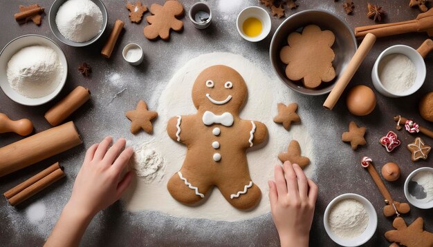 Photo layout of ingredients for making a gingerbread man new years pastries on the kitchen table