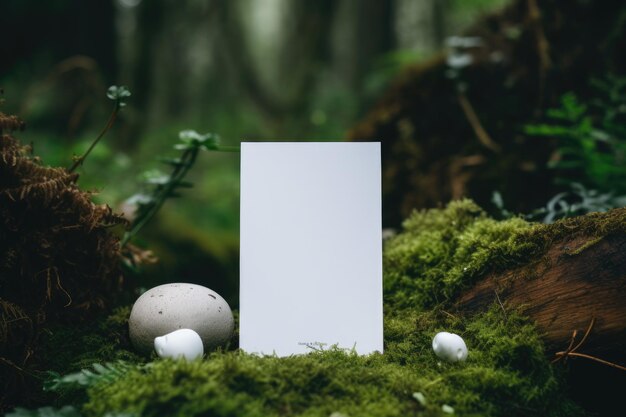 The layout is a white card the postcard is in the forest with mushrooms and moss a place for text