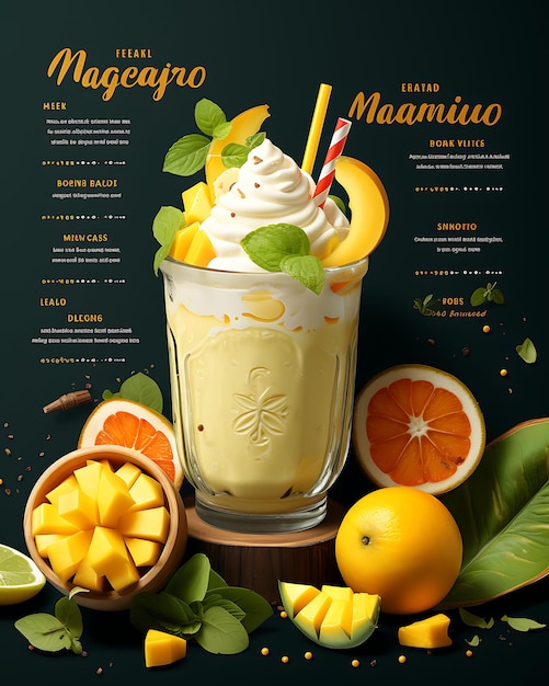 Layout of Mango Lassi Drink With Fresh Mango Slices Bright and Tropica India Poster Website Figma