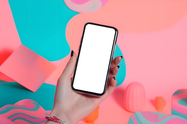 The layout of the phone Smartphone mockup template The girl holds the phone with one hand Bright Background under the color of nails A beautiful manicure Flat lay Generative Ai