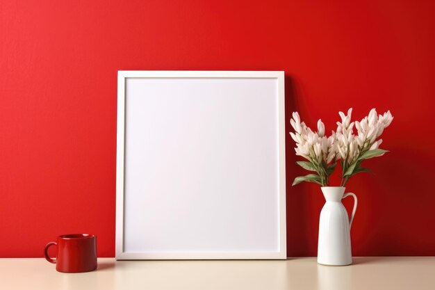 The layout of the picture frame on the background of a red wall and a vase