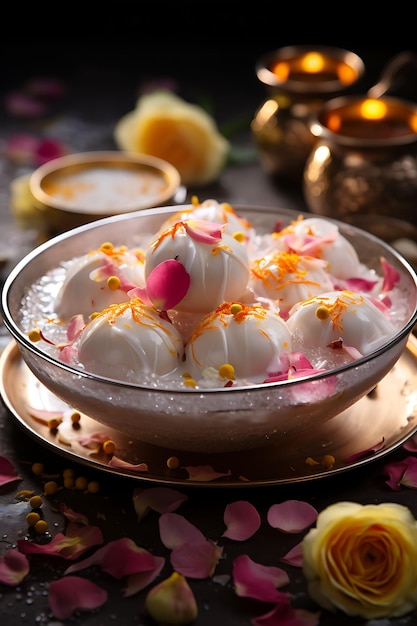 Photo layout of rasgulla dessert with rose water and saffron soft and delica india poster website figma