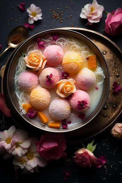 Photo layout of rasgulla dessert with rose water and saffron soft and delica india poster website figma