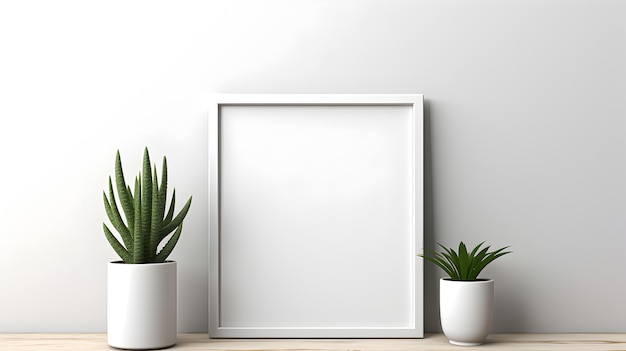 Layout of rectangular vertical frame in scandi style interior with curly green plants and shelf on blank neutral white wall background 3dillustration Generative AI