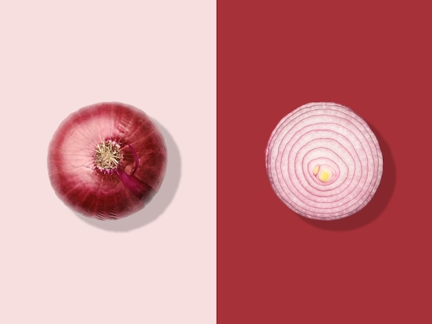 Photo layout of red onion. creative food concept. flat lay