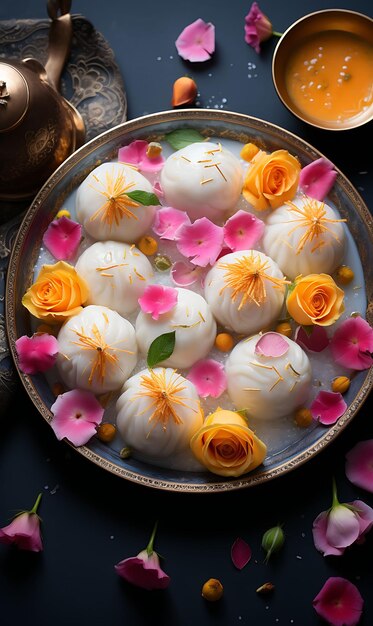 Layout van Rasgulla dessert met rozenwater en saffraan zacht en Delica India Poster Website Figma