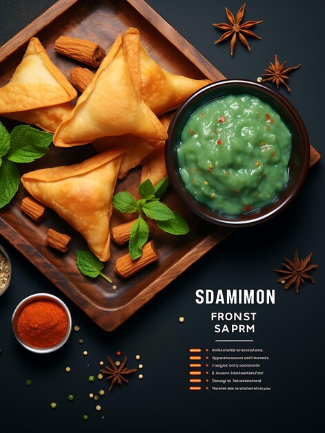 Foto layout van samosa gerecht met munt chutney en zoete tamarind chutney sav india poster website figma