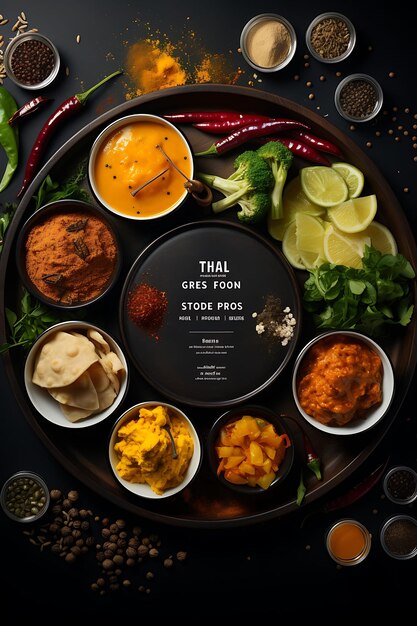 Foto layout van thali-maaltijd met gevarieerde curries en roti kleurrijke en plent india poster website figma