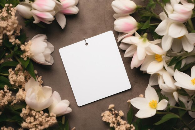 Layout of a white card with spring flowers