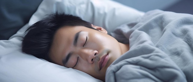 사진 아시아 남자의 게으름은 여전히 아침에 침실에서 침대에서 잠을 자고 깨어나기