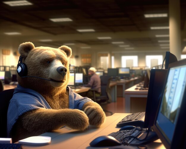 Lazy bear teleoperator with headset in a callcenter room created with Generative AI technology