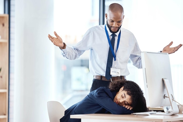 Lazy boss and businesswoman or worker sleeping in office while frustrated or confused black man and manager watch Employee burnout fatigue and asleep exhausted and overworked with angry colleague