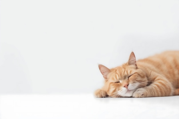 Lazy cat is lying down feeling tired on a white background