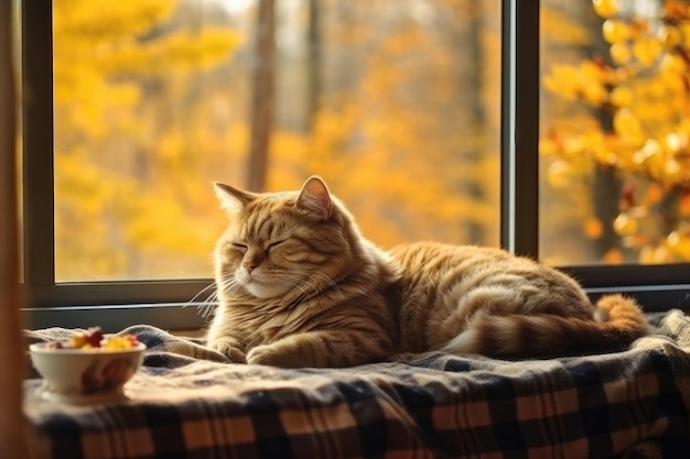 Photo lazy cat sleeps on cozy warm windowsill in autumn weather hygge concept