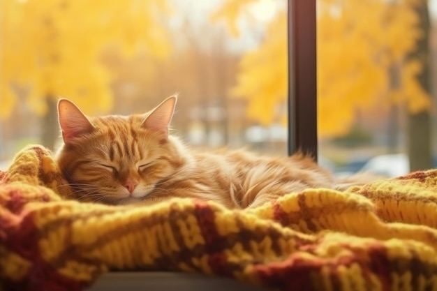 Photo lazy cat sleeps on cozy warm windowsill in autumn weather hygge concept