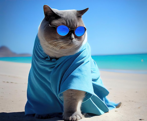 Foto gatto pigro di charteux con occhiali da sole e accappatoio sulla spiaggia dell'oceano che si gode una vacanza fatta con l'ia generativa