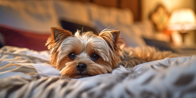 lazy dog laying on the bed that say yorkshire terrier