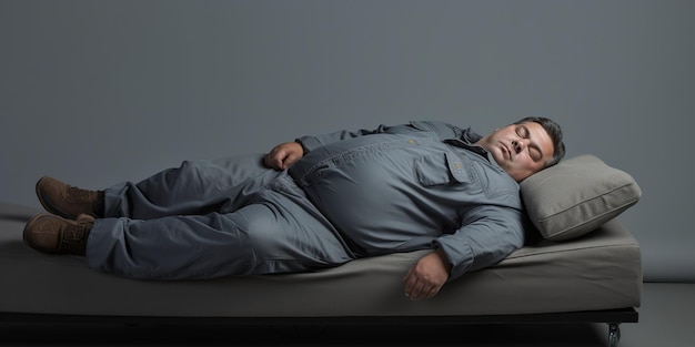 Lazy fat funny man is sleeping on a gray background