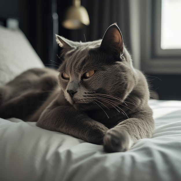 Lazy gray cat lounging on a cozy bed A gray cat laying on top of a bed