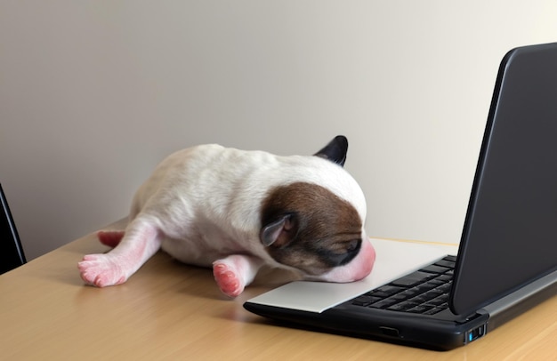 Foto momento pigro del cucciolo di cane appena nato sul computer portatile sulla tavola di legno