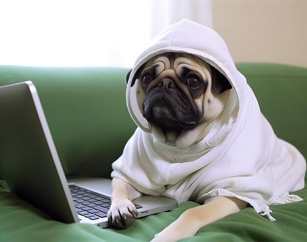 Lazy pet pug dog doing work from home