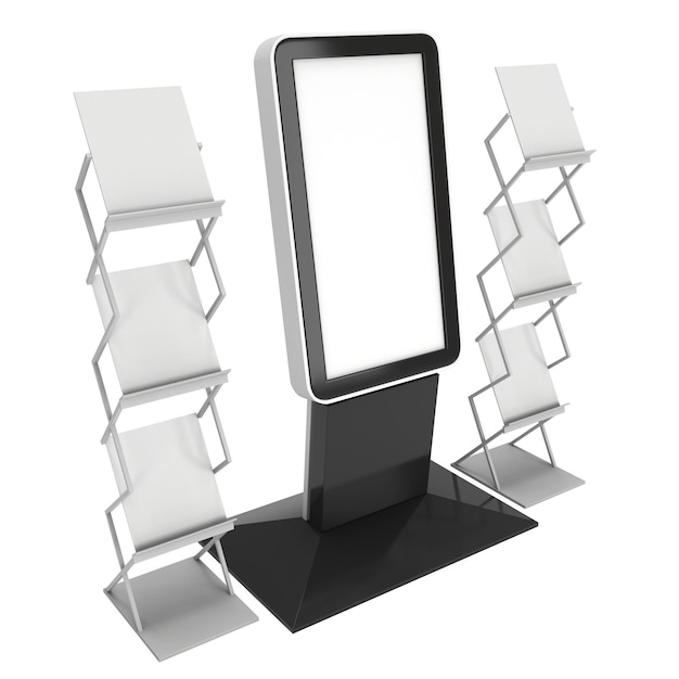 Photo lcd display stand and magazine rack blank lcd trade show booth 3d render