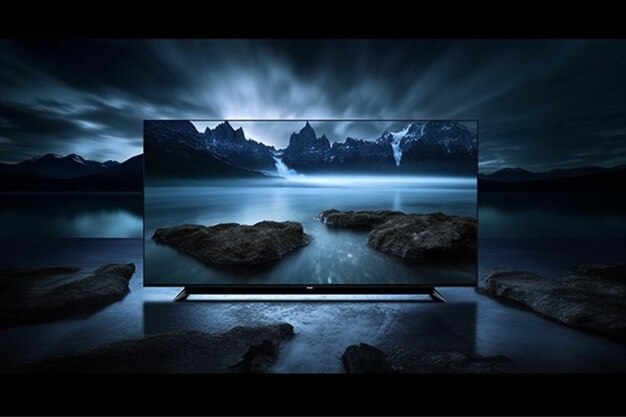 Lcd monitor in the dark with mountain landscape 3D rendering