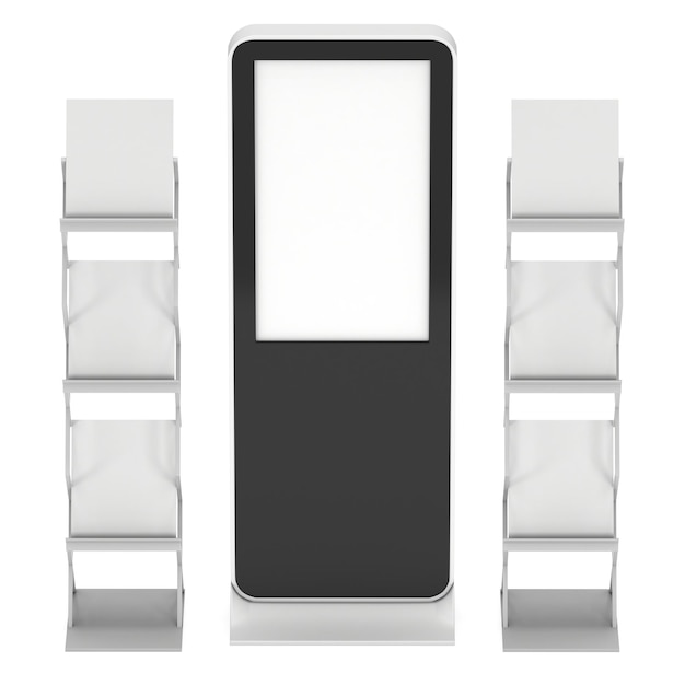 Lcd-schermstandaard en tijdschriftenrek Zwart LCD-beursstand 3d render geïsoleerd op wit