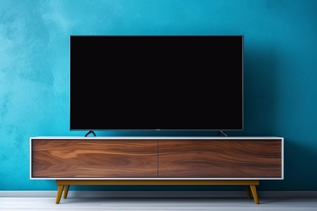 Photo lcd television with a blue screen no signal on a cabinet in the living room at home interior design