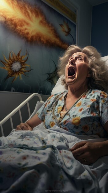 Пожилая женщина в больничной койке кричит от страха и боли.